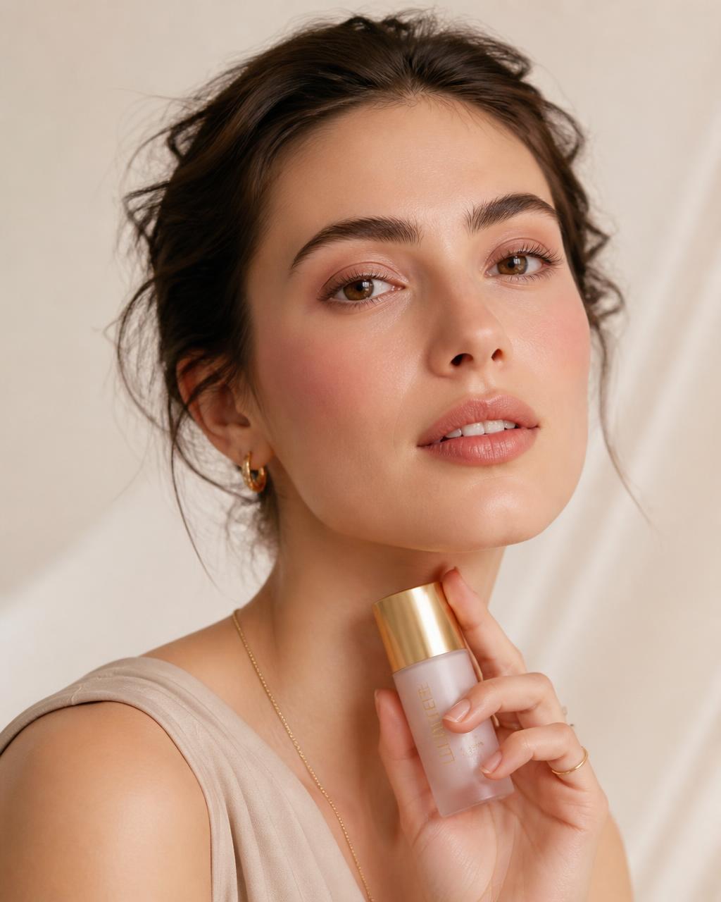 Mujer con maquillaje natural en tonos beige y rosa
